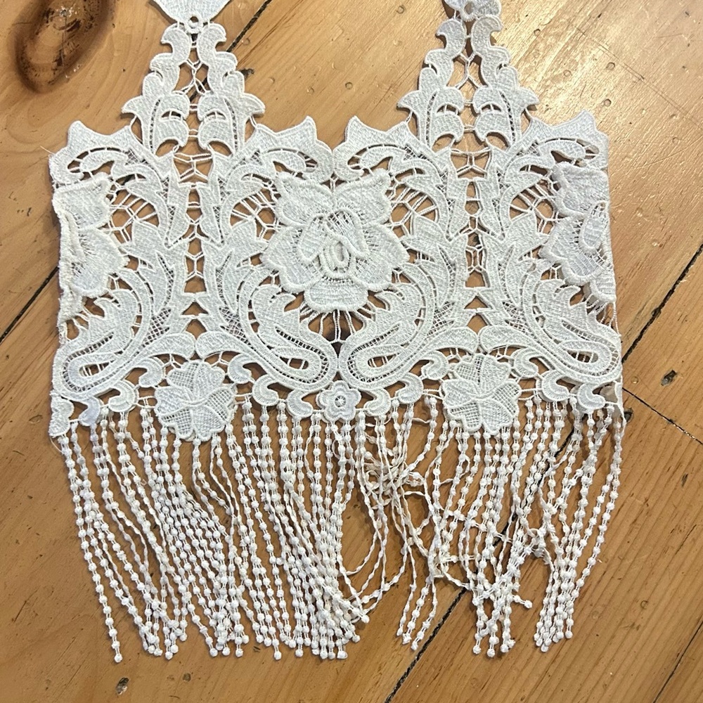 Silk White Lace Crop Top with Fringe